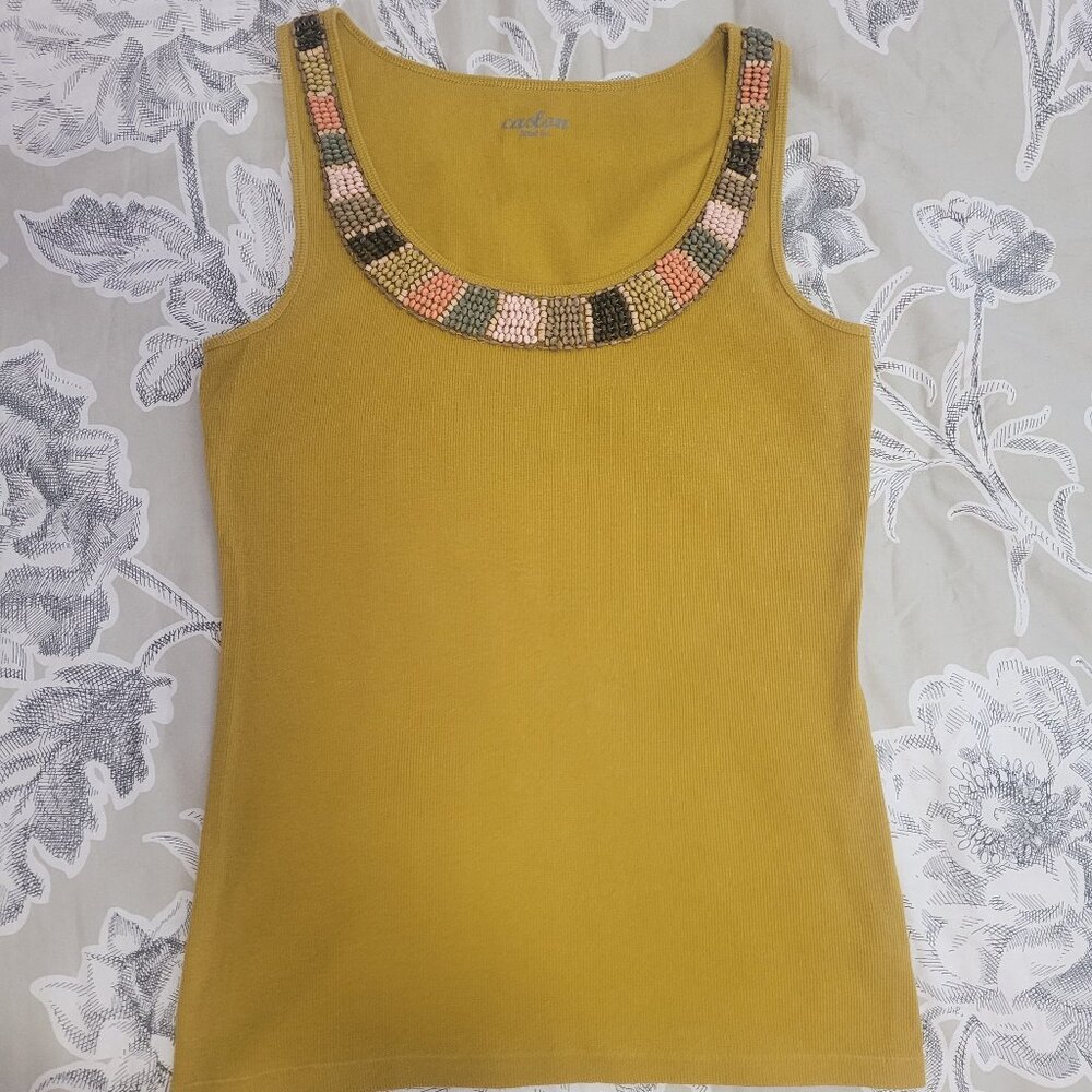 Caslon Mustard Colored Cotton Rib Tank w/Beaded Neckline Medium